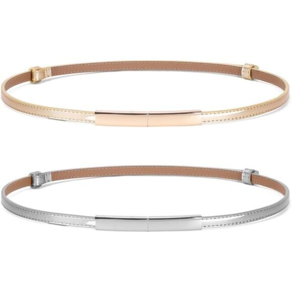 2 Pack Women's Skinny Patent Leather Belt Adjustable Slim Waist Belt for Dress - Picture 1 of 7